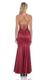 Satin Open Back Mermaid Maxi Dress in Maroon